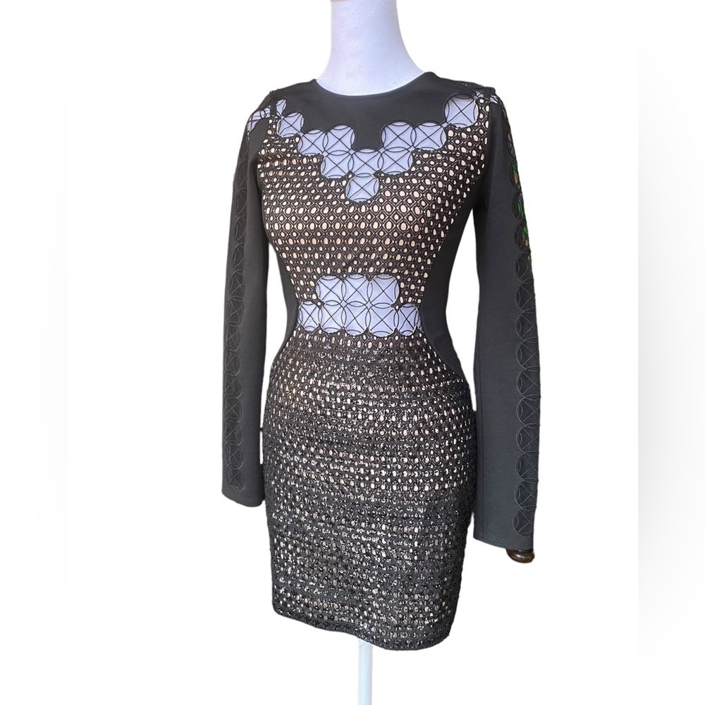 EXPRESS LONG‎ SLEEVE BLACK AND TAN BODYCON MINI DRESS SIZE XS